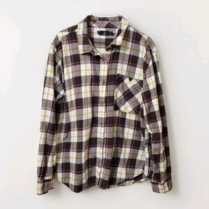 Volcom Shirt ladies Small Pink White‎ Brown Plaid Flannel Button Up  Casual